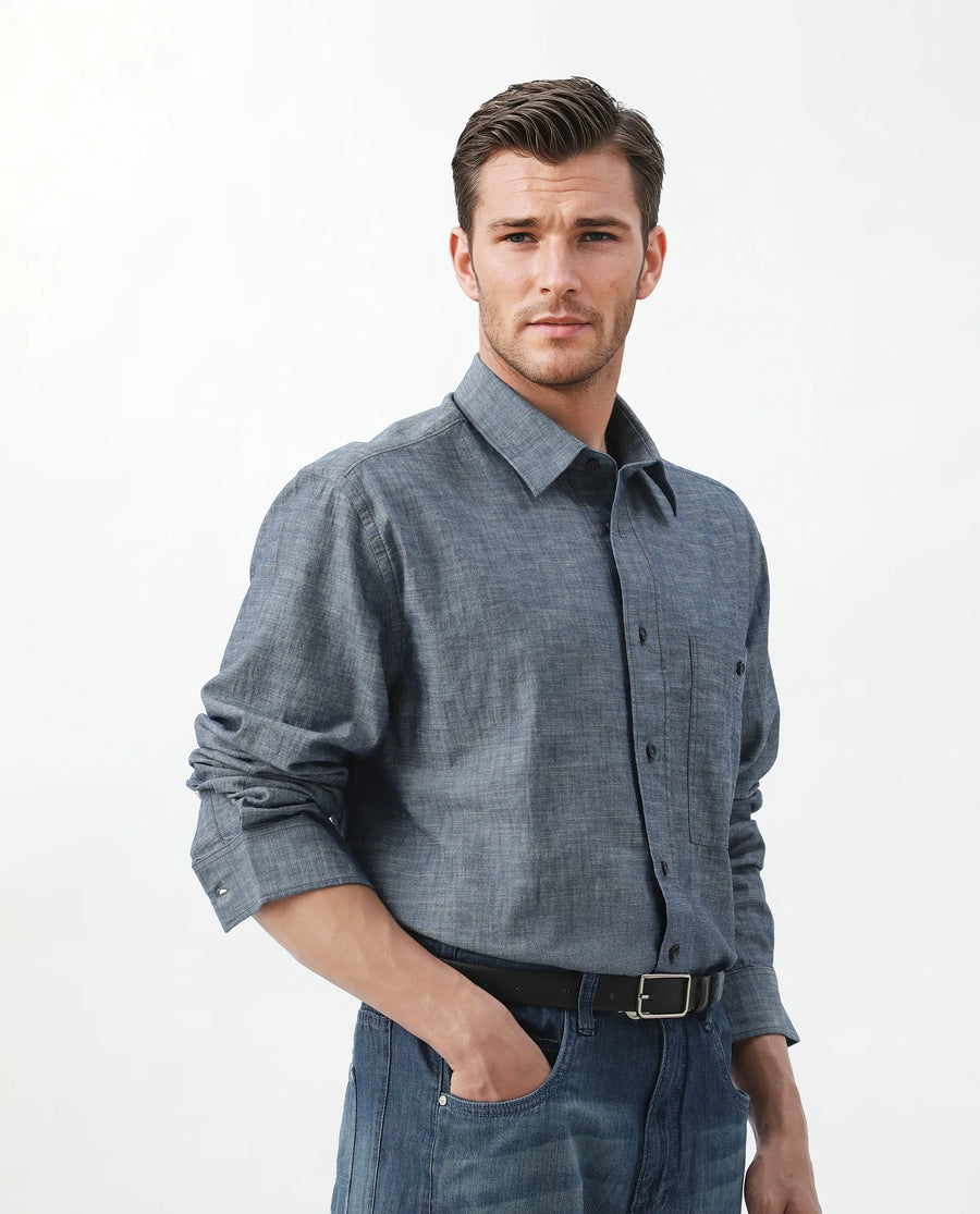 Rare Rabbit Men's Mivo Light Blue Cotton Plain Oversized Fit Full Sleeve Collared Shirt
