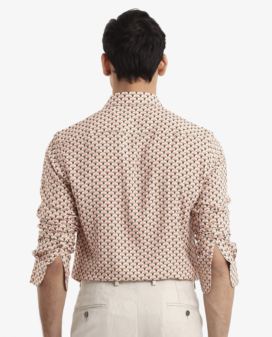 Rare Rabbit Men's Mizar Beige Viscose Geometric Print Regular Fit Full Sleeve Collared Shirt