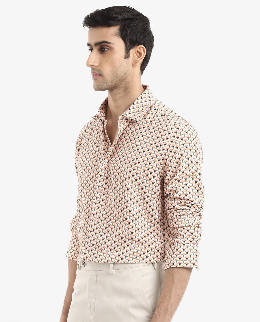 Rare Rabbit Men's Mizar Beige Viscose Geometric Print Regular Fit Full Sleeve Collared Shirt