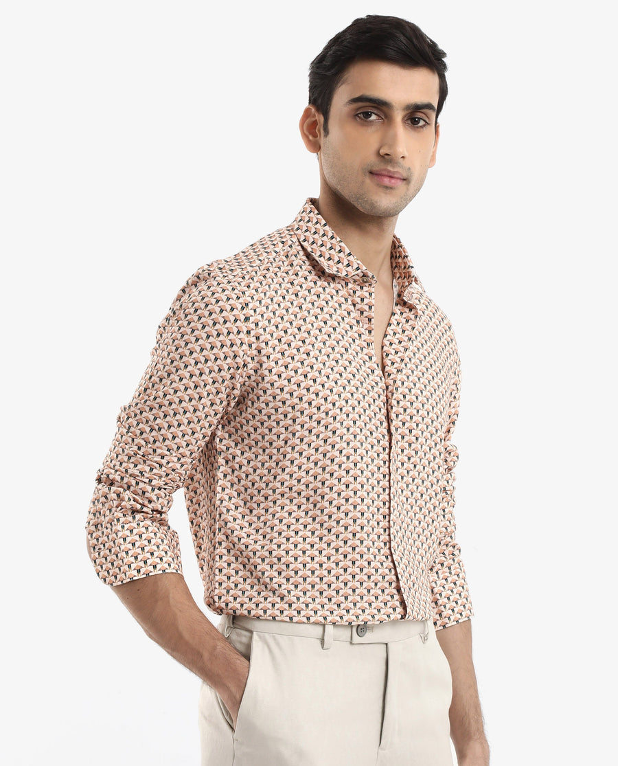 Rare Rabbit Men's Mizar Beige Viscose Geometric Print Regular Fit Full Sleeve Collared Shirt