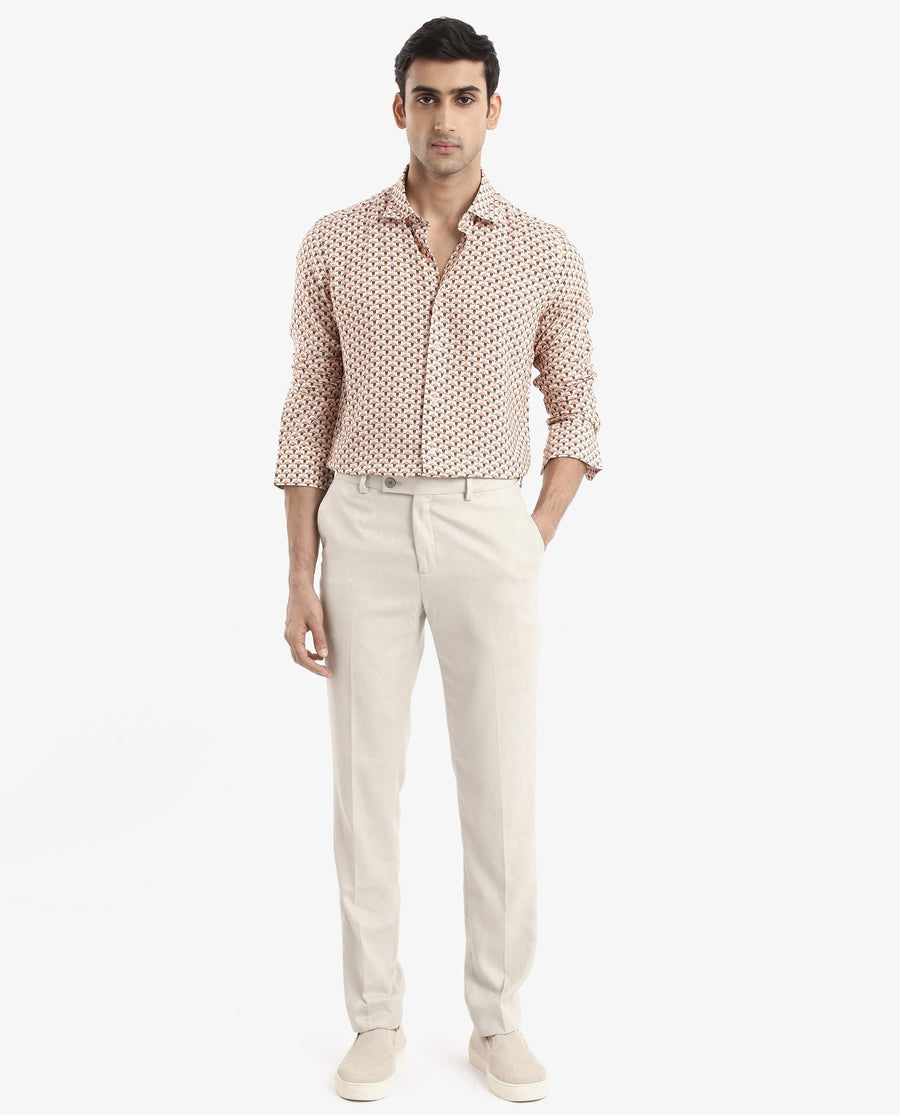 Rare Rabbit Men's Mizar Beige Viscose Geometric Print Regular Fit Full Sleeve Collared Shirt