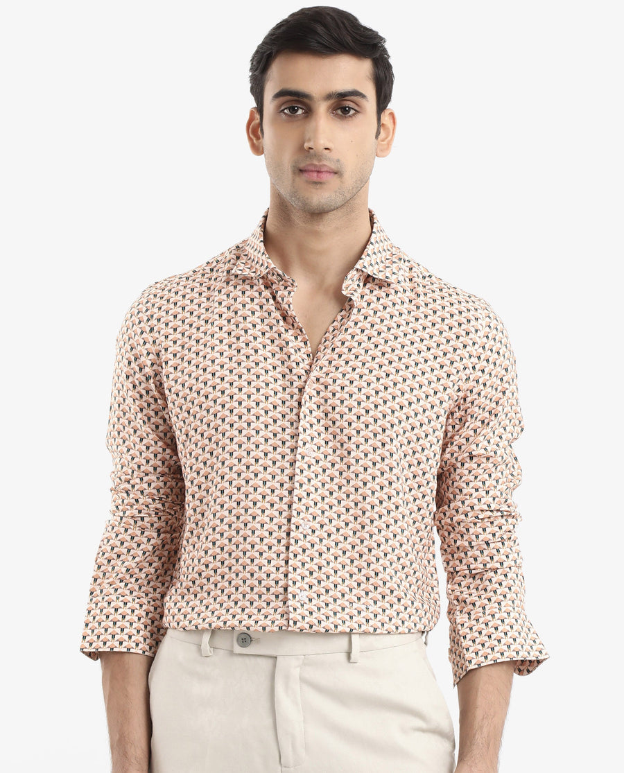 Rare Rabbit Men's Mizar Beige Viscose Geometric Print Regular Fit Full Sleeve Collared Shirt
