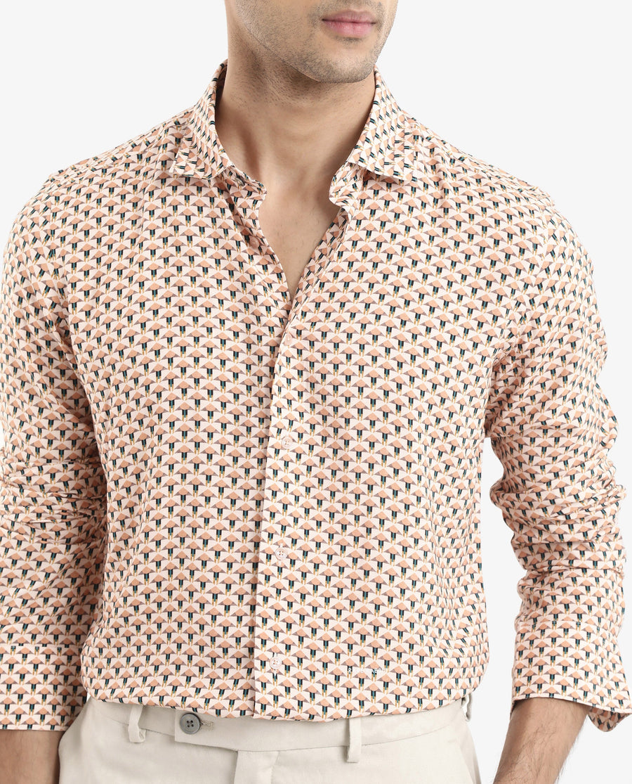 Rare Rabbit Men's Mizar Beige Viscose Geometric Print Regular Fit Full Sleeve Collared Shirt