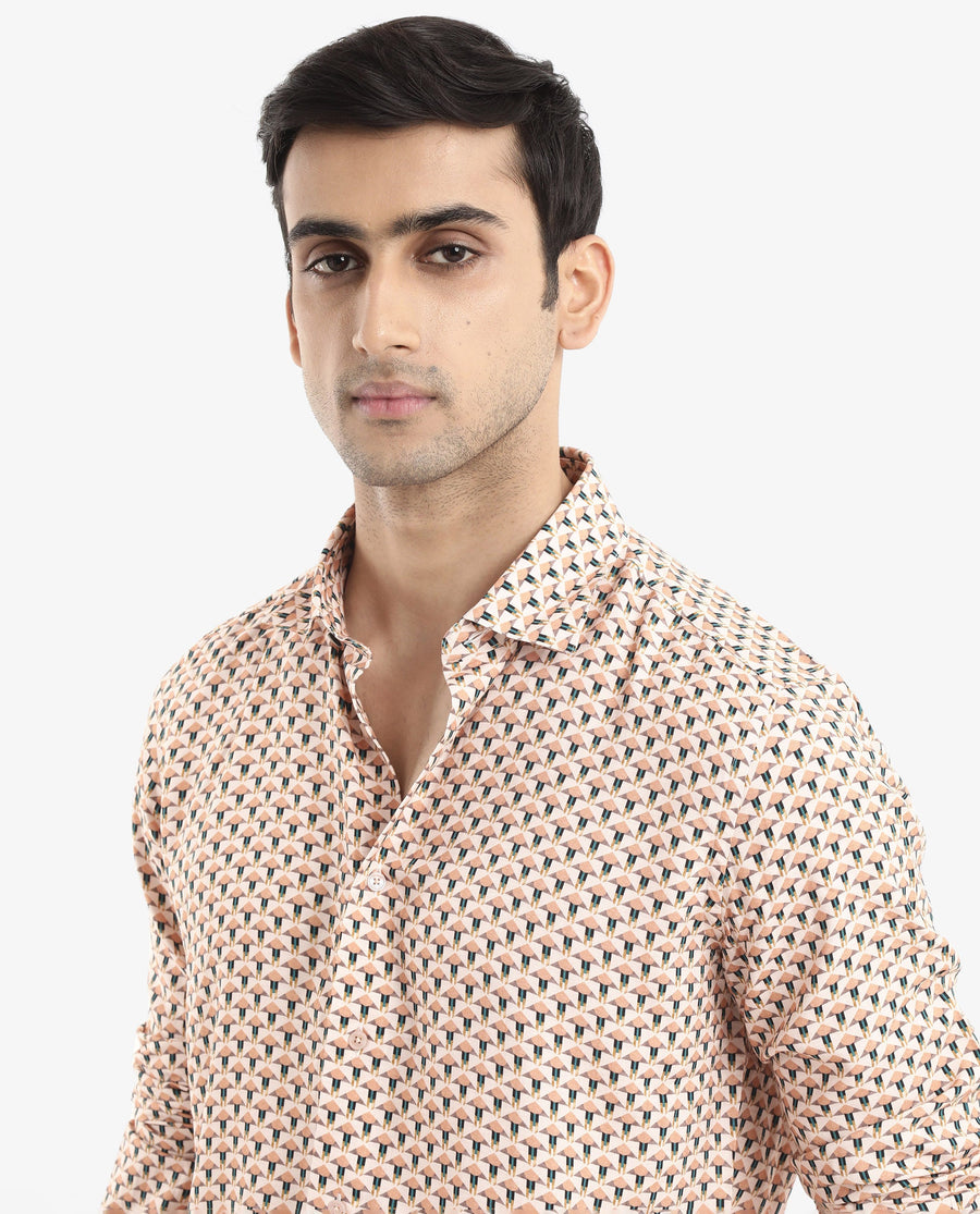 Rare Rabbit Men's Mizar Beige Viscose Geometric Print Regular Fit Full Sleeve Collared Shirt