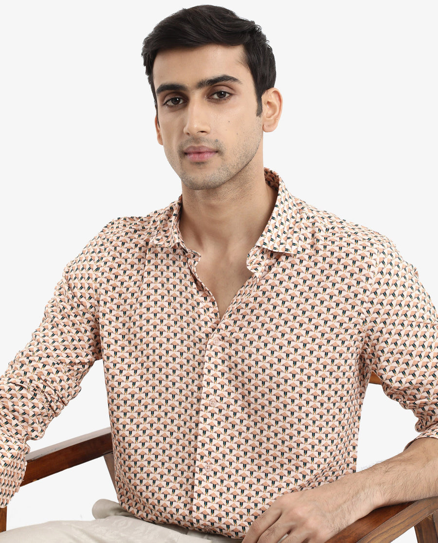 Rare Rabbit Men's Mizar Beige Viscose Geometric Print Regular Fit Full Sleeve Collared Shirt