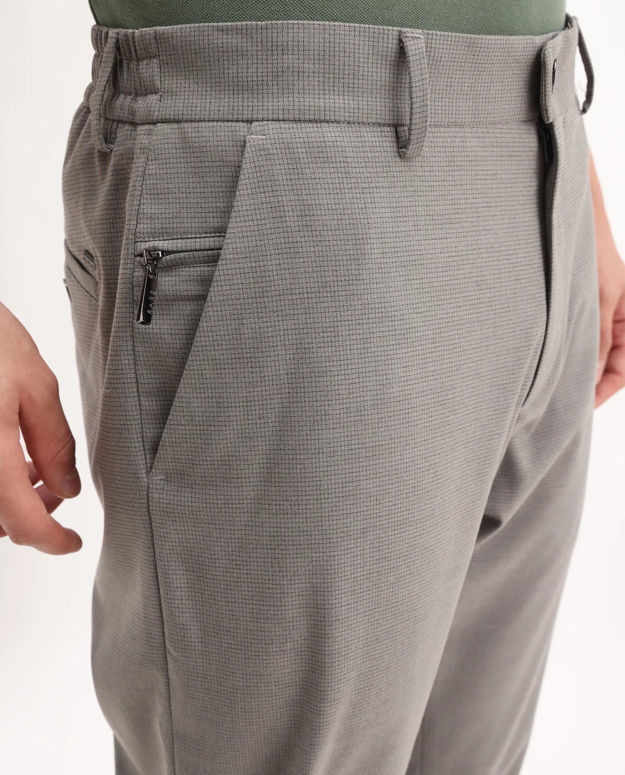 Rare Rabbit Men's Mocron Grey Polyester Checked Print Regular Fit Trouser