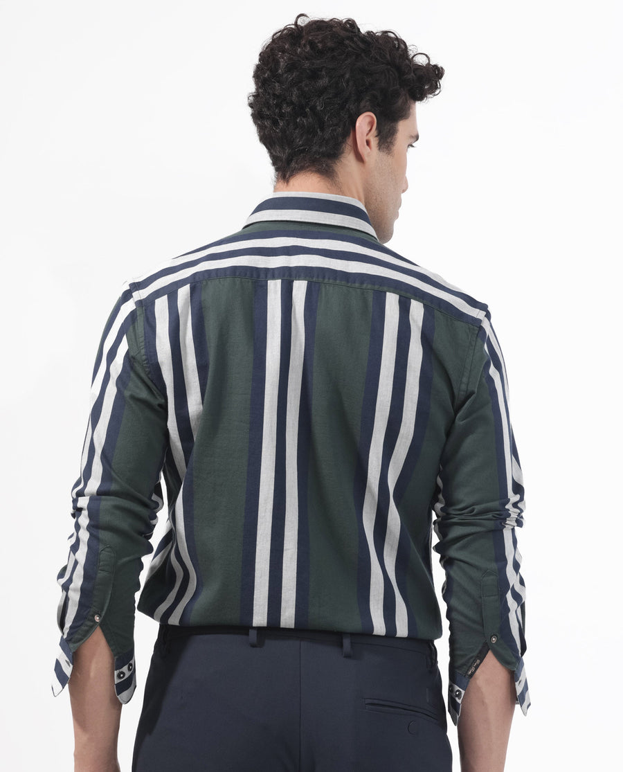 Rare Rabbit Men's Modena Dark Green Cotton Striped Print Regular Fit Full Sleeve Collared Shirt