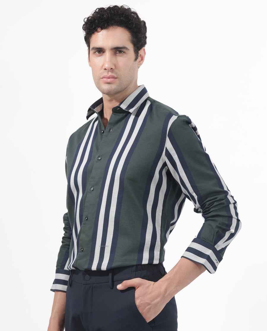 Rare Rabbit Men's Modena Dark Green Cotton Striped Print Regular Fit Full Sleeve Collared Shirt