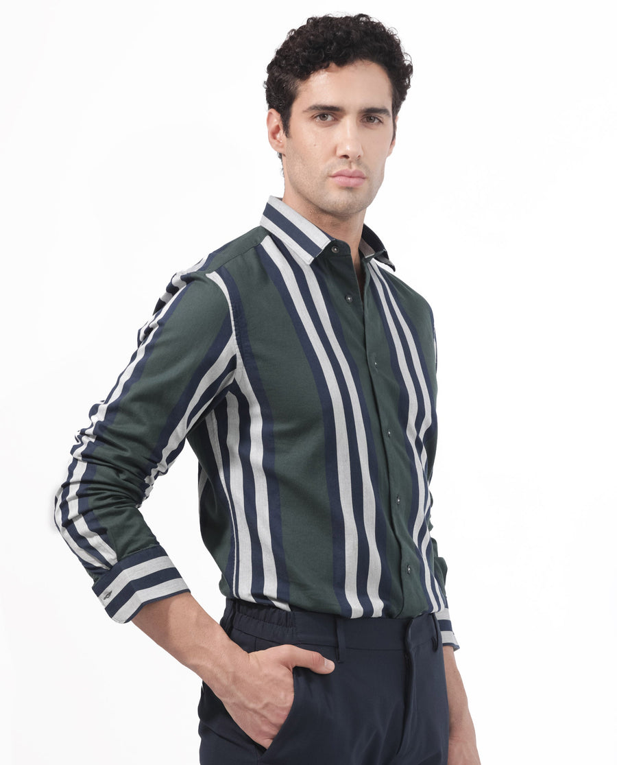 Rare Rabbit Men's Modena Dark Green Cotton Striped Print Regular Fit Full Sleeve Collared Shirt