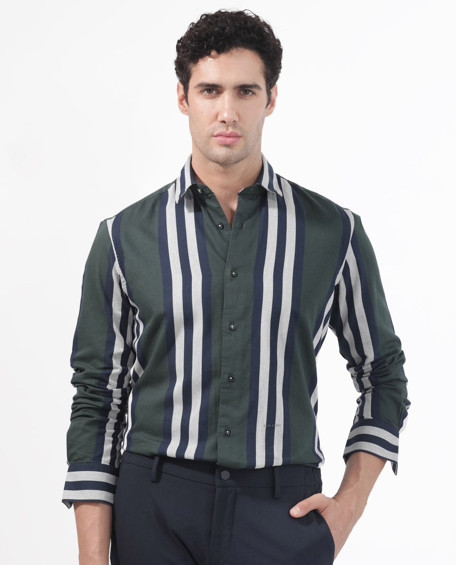 Rare Rabbit Men's Modena Dark Green Cotton Striped Print Regular Fit Full Sleeve Collared Shirt