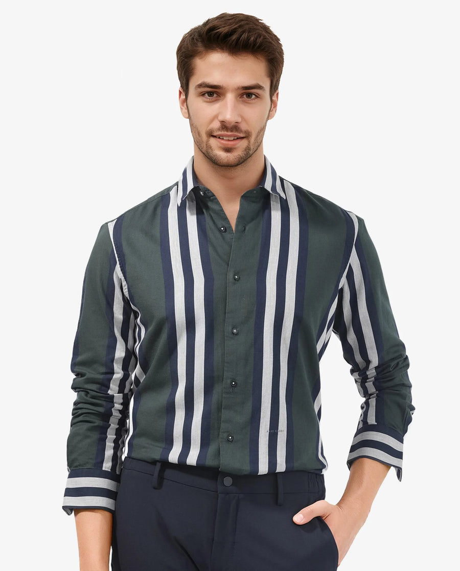 Rare Rabbit Men's Modena Dark Green Cotton Striped Print Regular Fit Full Sleeve Collared Shirt