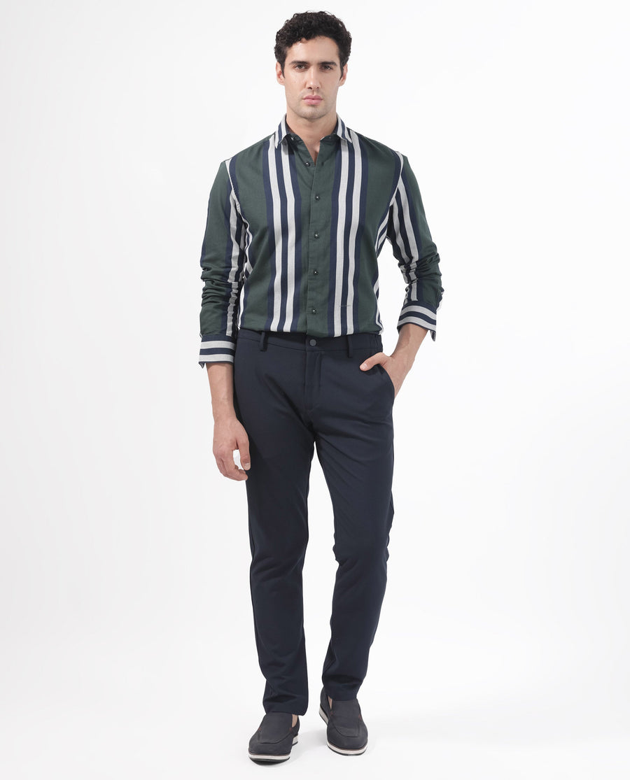 Rare Rabbit Men's Modena Dark Green Cotton Striped Print Regular Fit Full Sleeve Collared Shirt