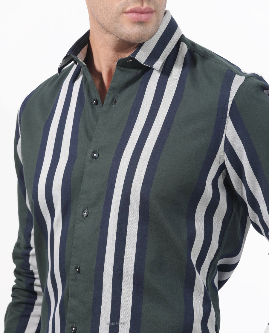 Rare Rabbit Men's Modena Dark Green Cotton Striped Print Regular Fit Full Sleeve Collared Shirt