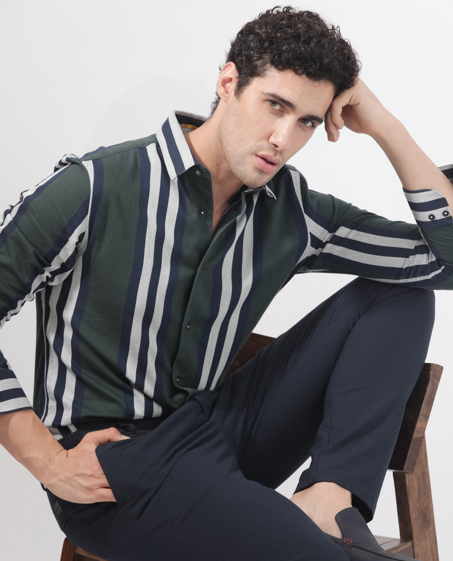 Rare Rabbit Men's Modena Dark Green Cotton Striped Print Regular Fit Full Sleeve Collared Shirt