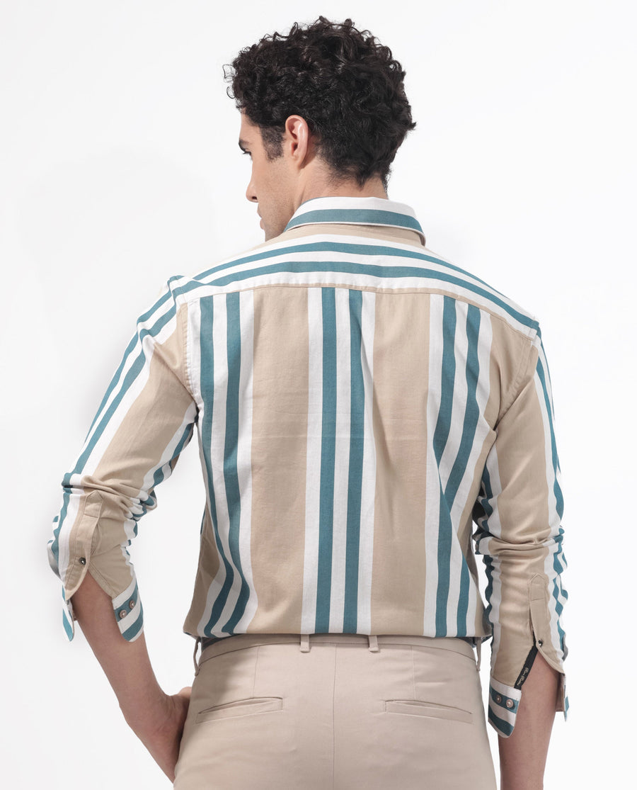 Rare Rabbit Men's Modena Light Brown Cotton Striped Print Regular Fit Full Sleeve Collared Shirt