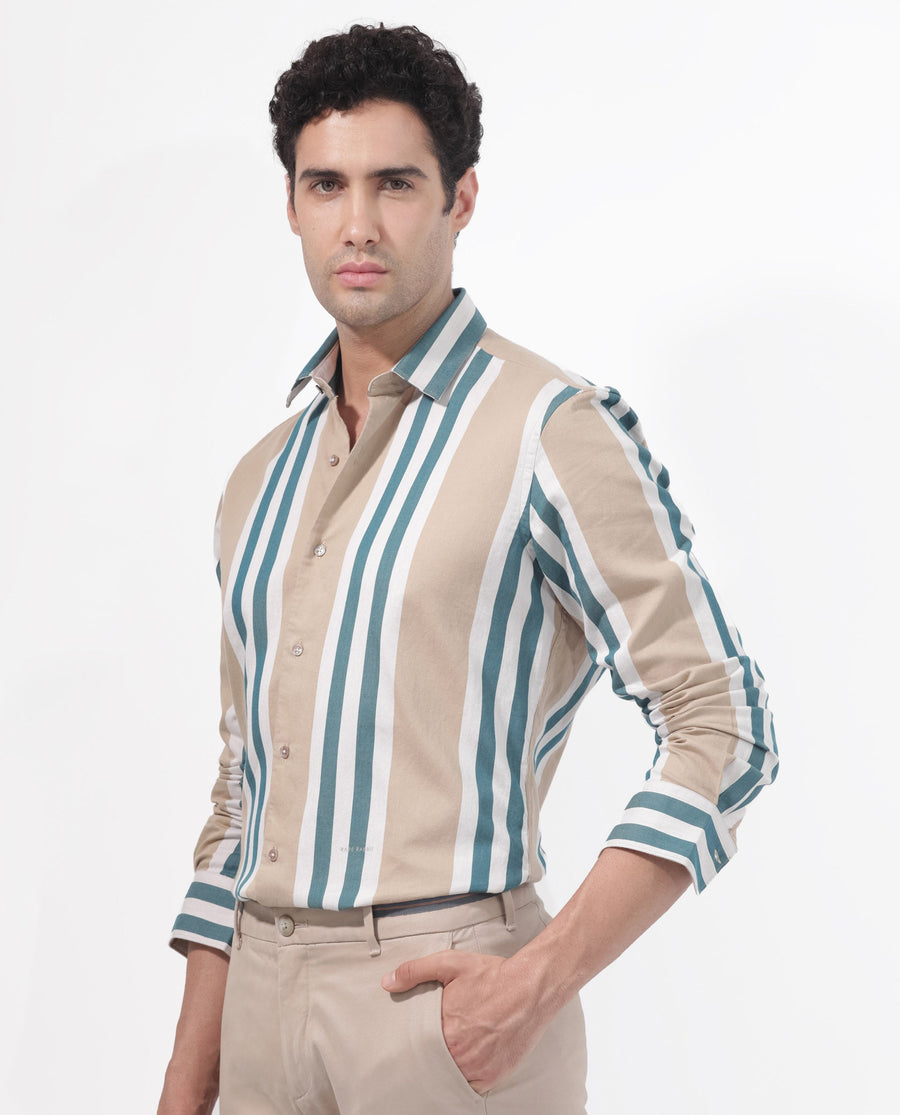 Rare Rabbit Men's Modena Light Brown Cotton Striped Print Regular Fit Full Sleeve Collared Shirt