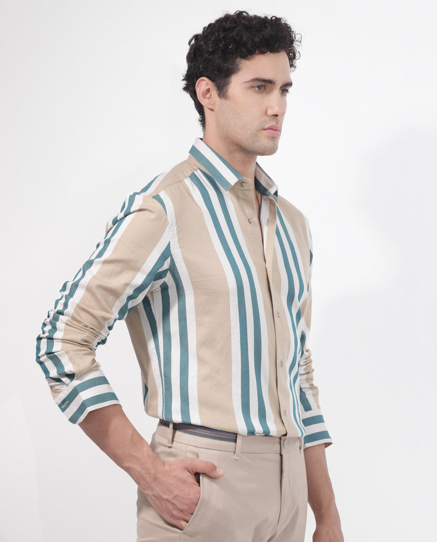 Rare Rabbit Men's Modena Light Brown Cotton Striped Print Regular Fit Full Sleeve Collared Shirt