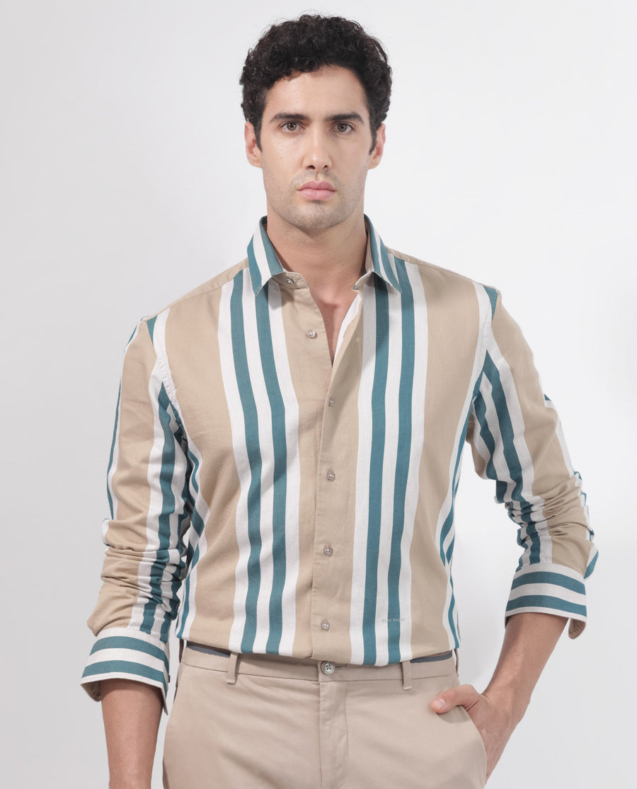 Rare Rabbit Men's Modena Light Brown Cotton Striped Print Regular Fit Full Sleeve Collared Shirt