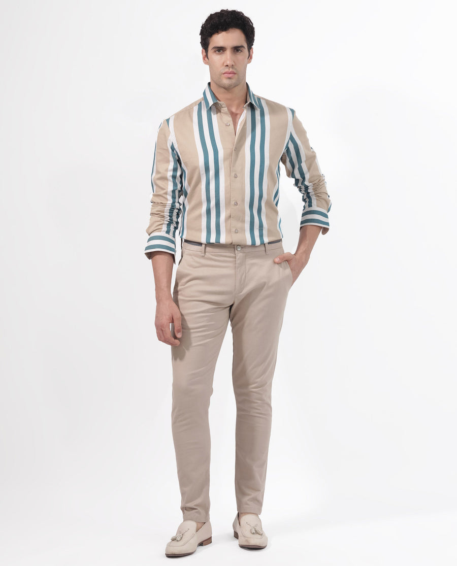Rare Rabbit Men's Modena Light Brown Cotton Striped Print Regular Fit Full Sleeve Collared Shirt