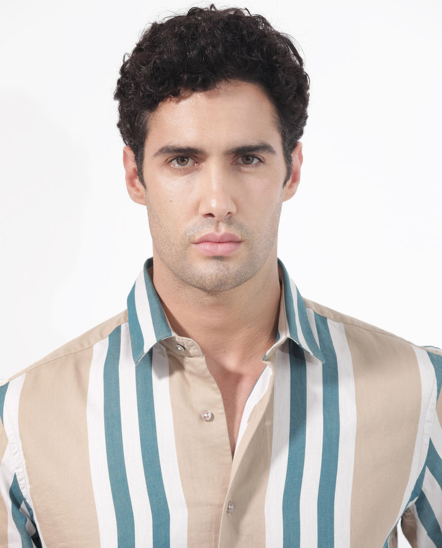 Rare Rabbit Men's Modena Light Brown Cotton Striped Print Regular Fit Full Sleeve Collared Shirt