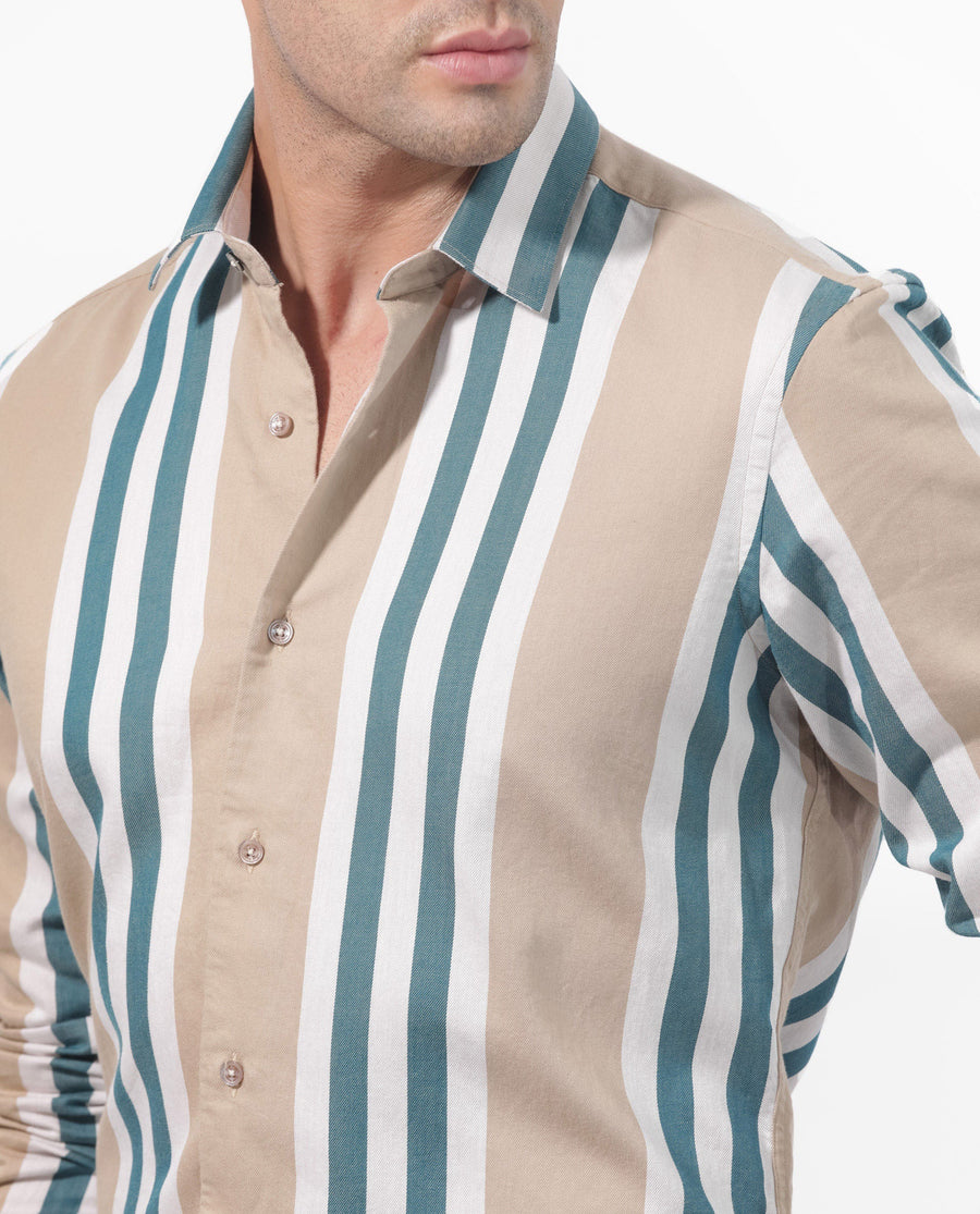 Rare Rabbit Men's Modena Light Brown Cotton Striped Print Regular Fit Full Sleeve Collared Shirt