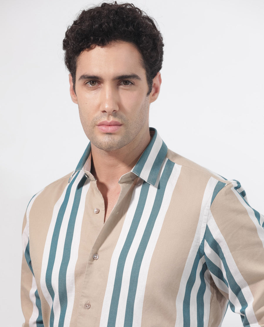 Rare Rabbit Men's Modena Light Brown Cotton Striped Print Regular Fit Full Sleeve Collared Shirt