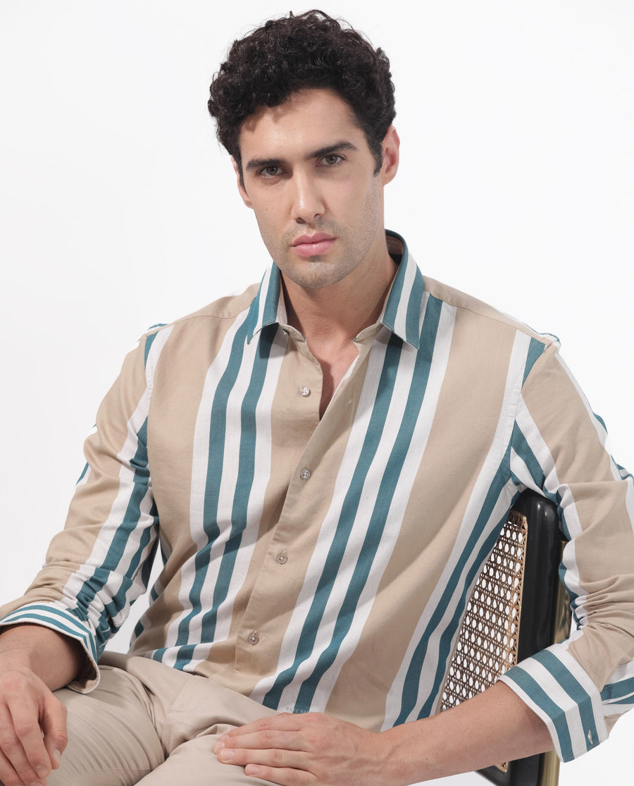 Rare Rabbit Men's Modena Light Brown Cotton Striped Print Regular Fit Full Sleeve Collared Shirt