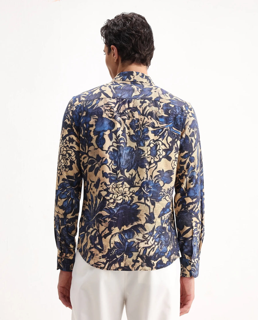 Rare Rabbit Men's Moky Dusky Yellow Viscose Floral Print Regular Fit Full Sleeve Collared Shirt
