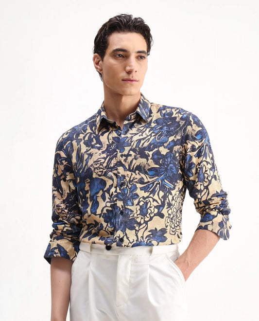 Rare Rabbit Men's Moky Dusky Yellow Viscose Floral Print Regular Fit Full Sleeve Collared Shirt