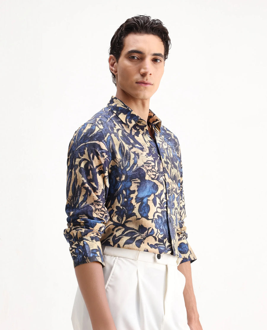 Rare Rabbit Men's Moky Dusky Yellow Viscose Floral Print Regular Fit Full Sleeve Collared Shirt