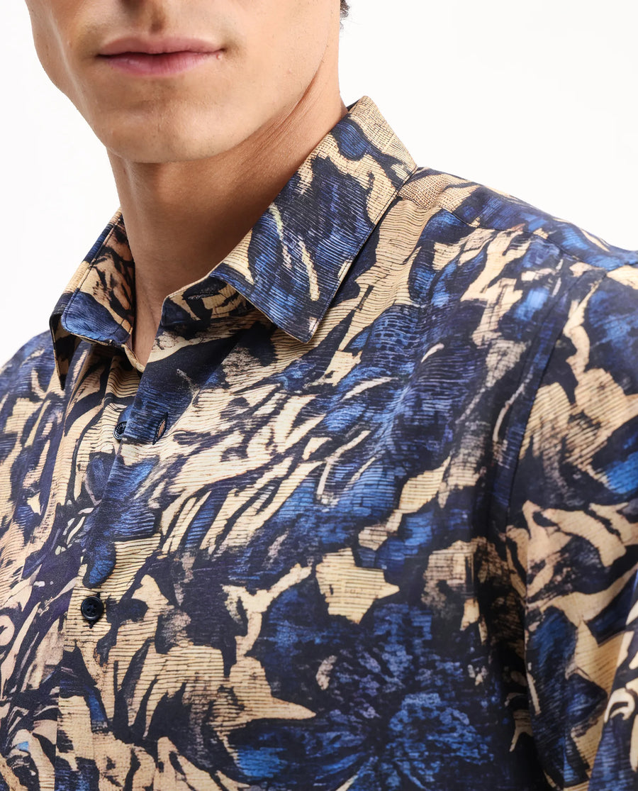 Rare Rabbit Men's Moky Dusky Yellow Viscose Floral Print Regular Fit Full Sleeve Collared Shirt