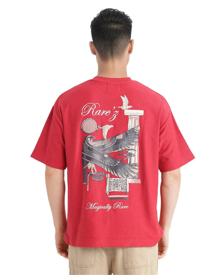 Rare Rabbit Men's Molo Red Cotton Graphic Print Oversized Fit Half Sleeve Crew Neck T-Shirt