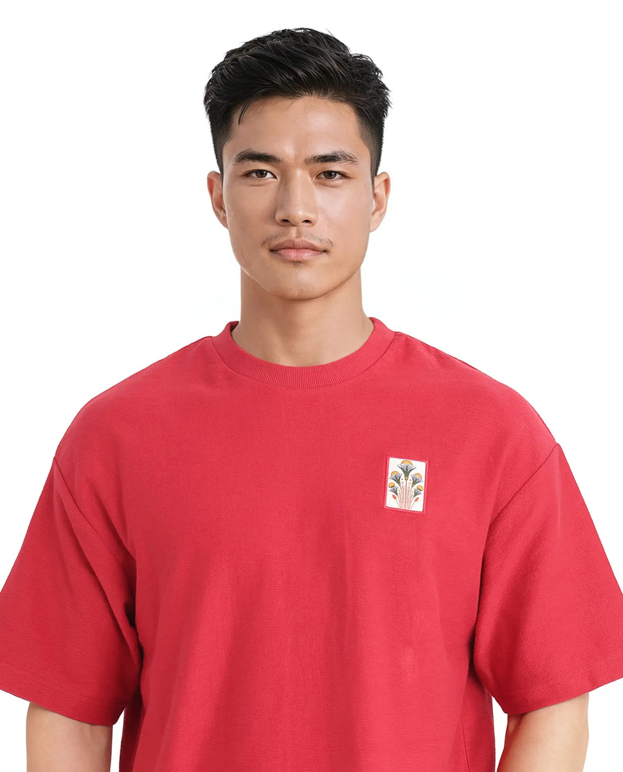 Rare Rabbit Men's Molo Red Cotton Graphic Print Oversized Fit Half Sleeve Crew Neck T-Shirt