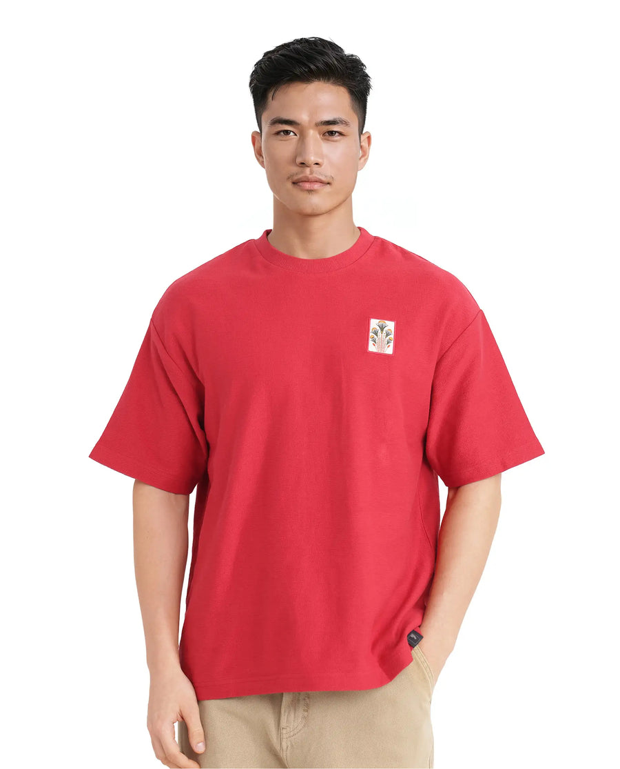 Rare Rabbit Men's Molo Red Cotton Graphic Print Oversized Fit Half Sleeve Crew Neck T-Shirt