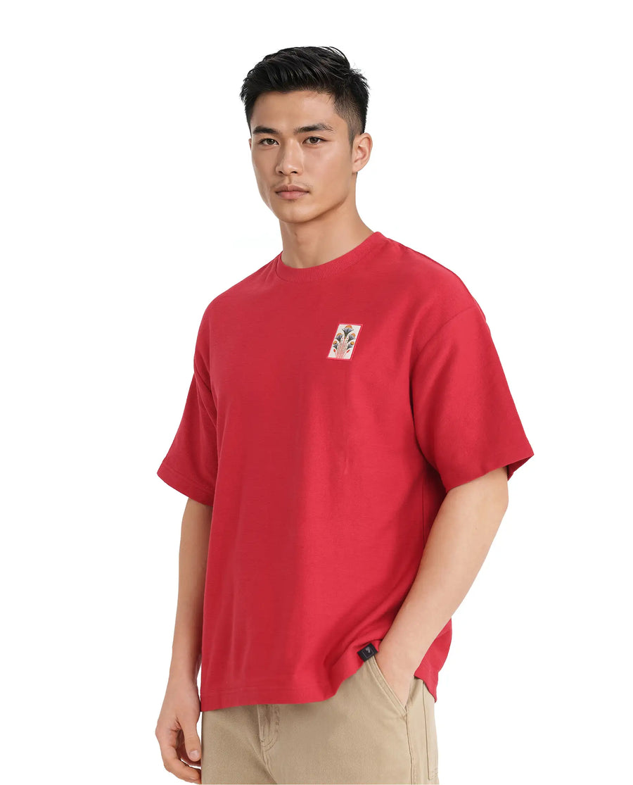 Rare Rabbit Men's Molo Red Cotton Graphic Print Oversized Fit Half Sleeve Crew Neck T-Shirt