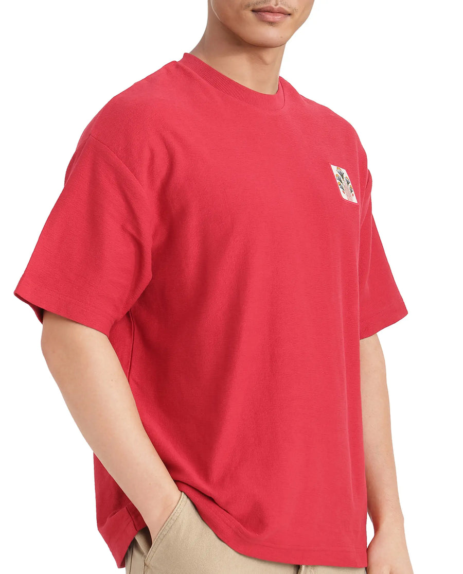 Rare Rabbit Men's Molo Red Cotton Graphic Print Oversized Fit Half Sleeve Crew Neck T-Shirt