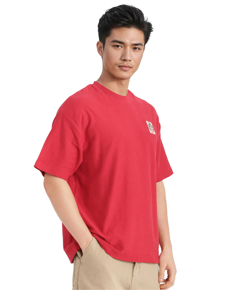 Rare Rabbit Men's Molo Red Cotton Graphic Print Oversized Fit Half Sleeve Crew Neck T-Shirt