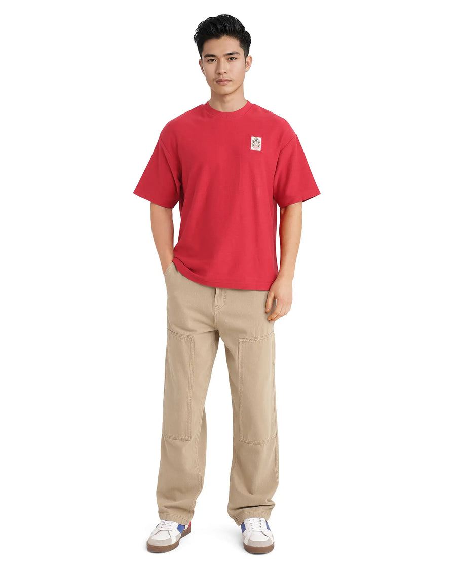 Rare Rabbit Men's Molo Red Cotton Graphic Print Oversized Fit Half Sleeve Crew Neck T-Shirt