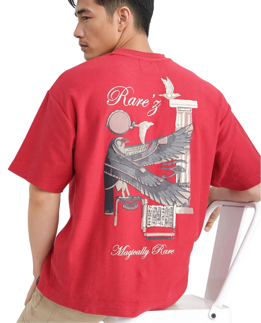 Rare Rabbit Men's Molo Red Cotton Graphic Print Oversized Fit Half Sleeve Crew Neck T-Shirt