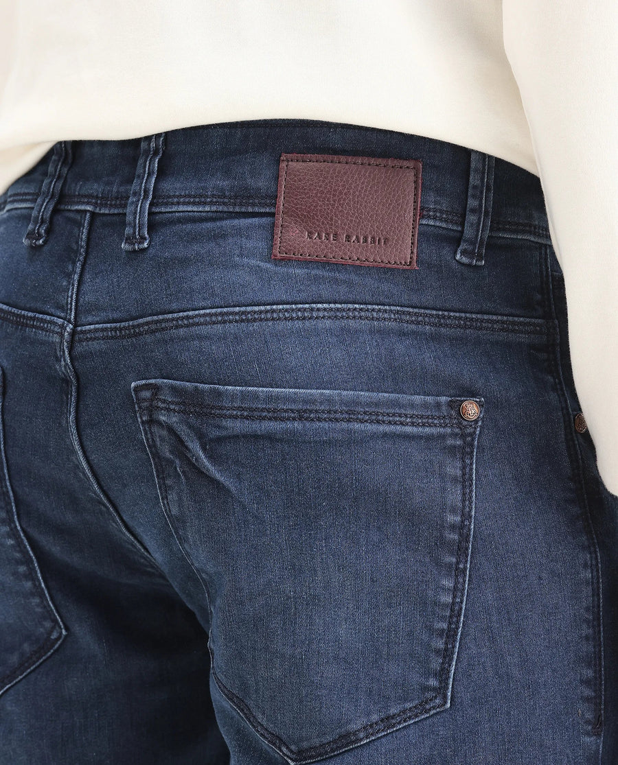 Rare Rabbit Men's Monaco Navy Cotton Plain Hawk Slim Fit Jeans