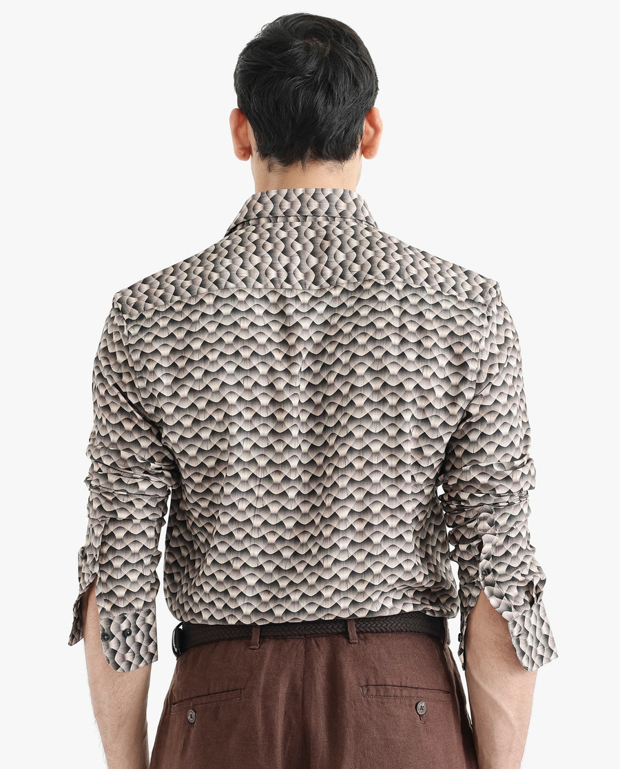 Rare Rabbit Men's Monar Ls Beige Viscose Geometric Print Regular Fit Full Sleeve Collared Shirt