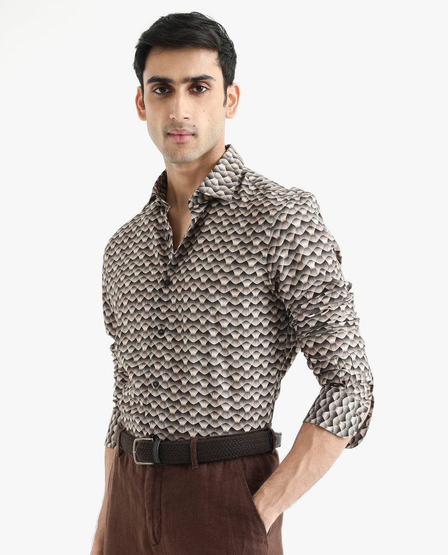 Rare Rabbit Men's Monar Ls Beige Viscose Geometric Print Regular Fit Full Sleeve Collared Shirt