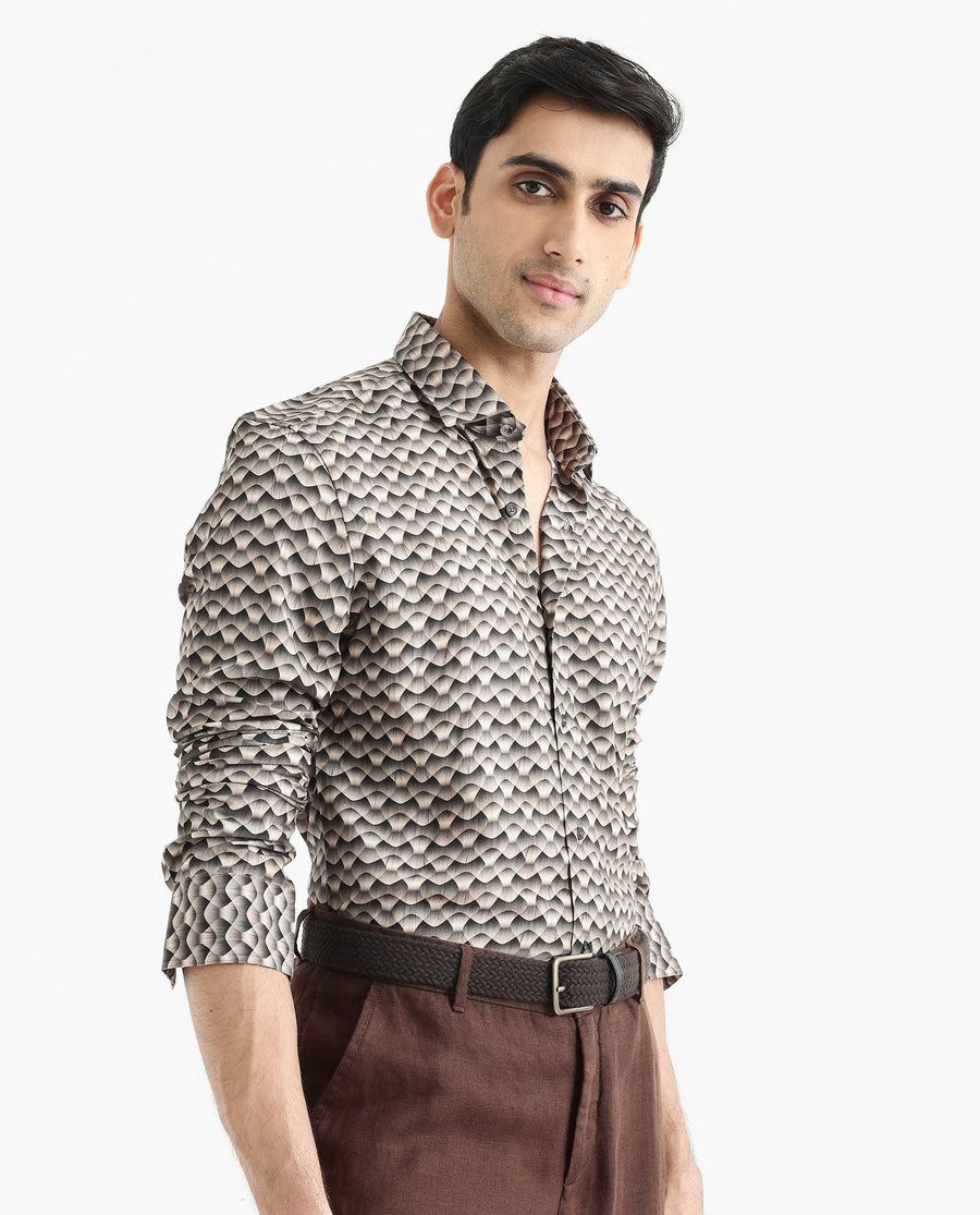 Rare Rabbit Men's Monar Ls Beige Viscose Geometric Print Regular Fit Full Sleeve Collared Shirt