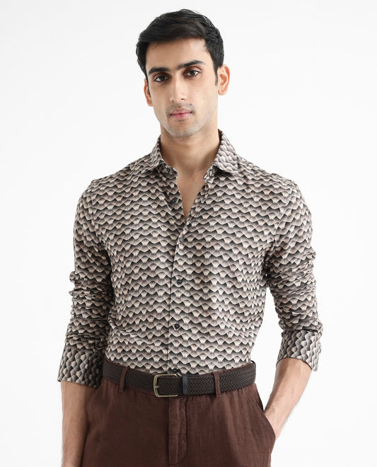 Rare Rabbit Men's Monar Ls Beige Viscose Geometric Print Regular Fit Full Sleeve Collared Shirt