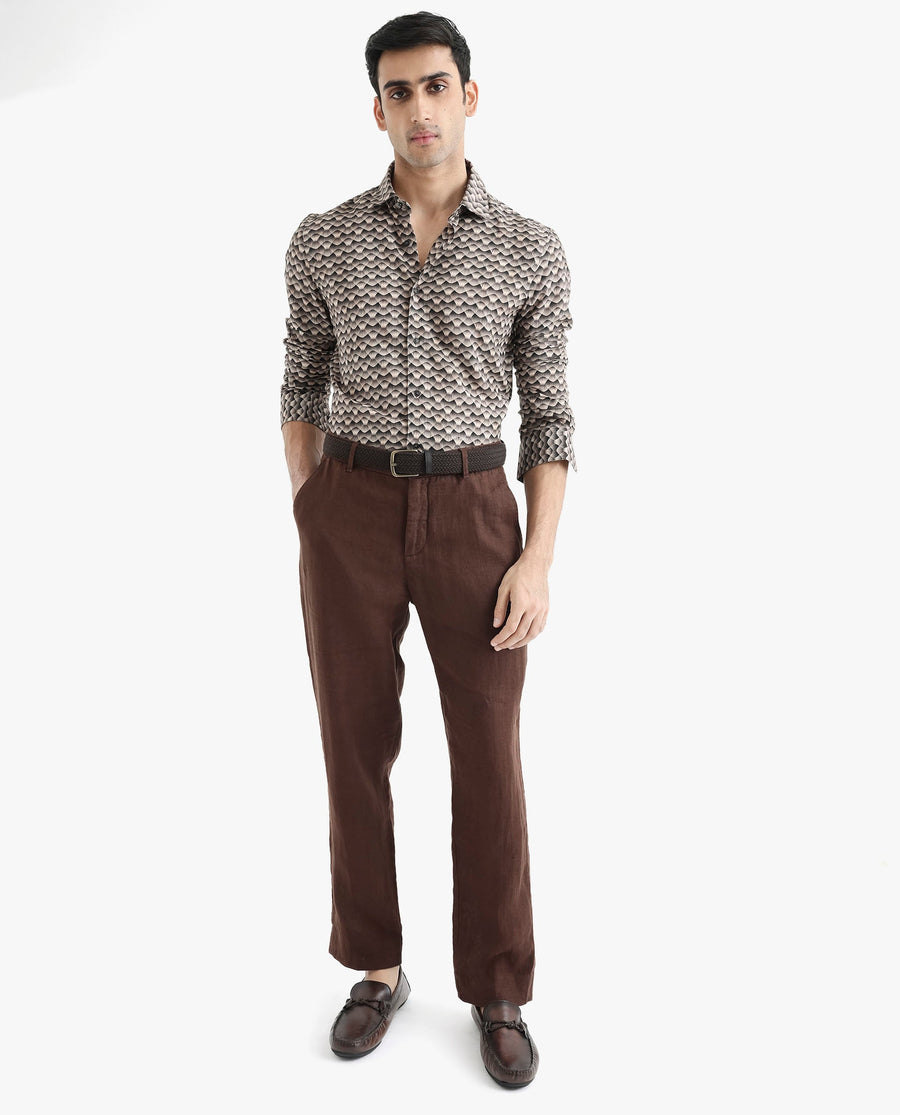 Rare Rabbit Men's Monar Ls Beige Viscose Geometric Print Regular Fit Full Sleeve Collared Shirt