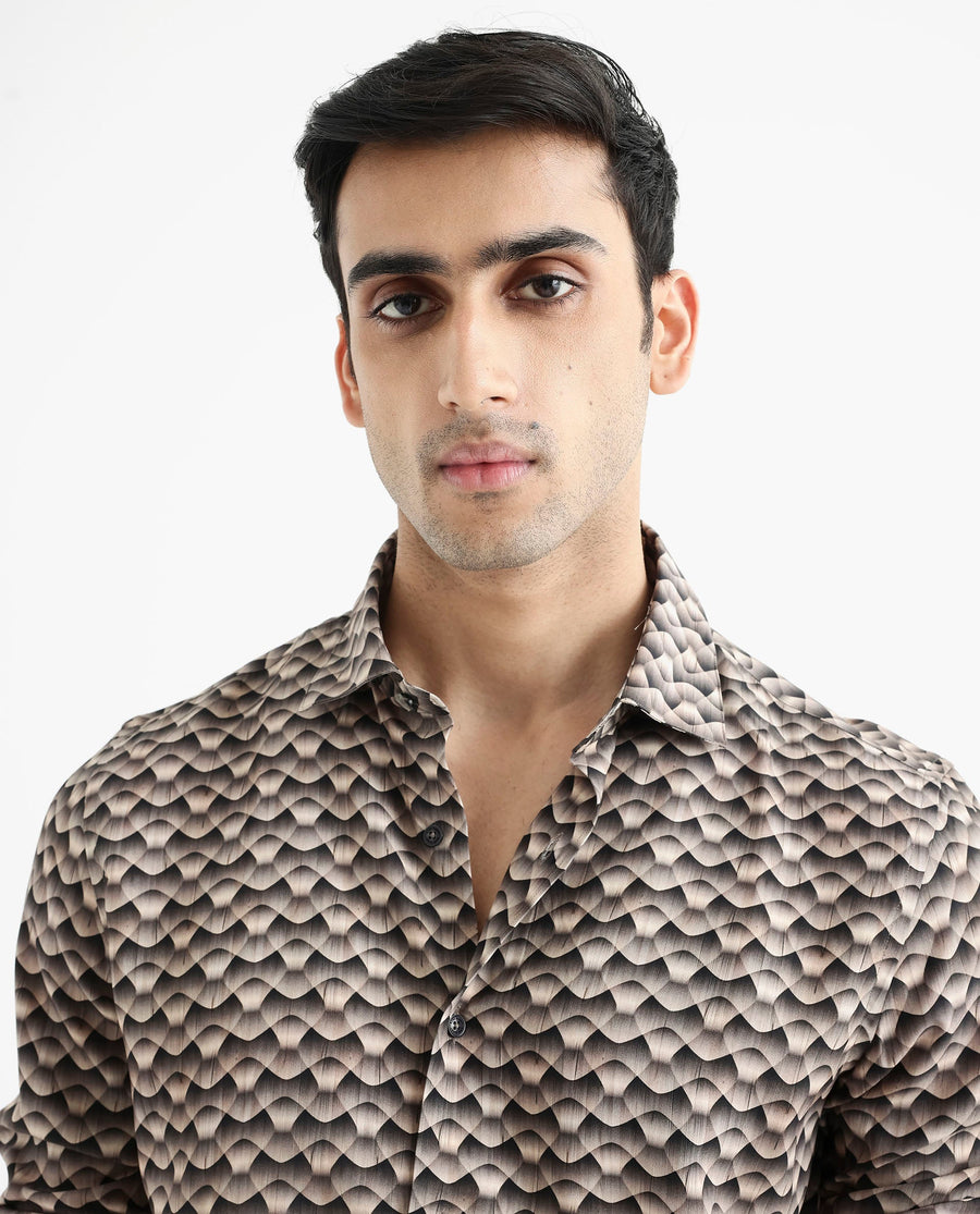 Rare Rabbit Men's Monar Ls Beige Viscose Geometric Print Regular Fit Full Sleeve Collared Shirt