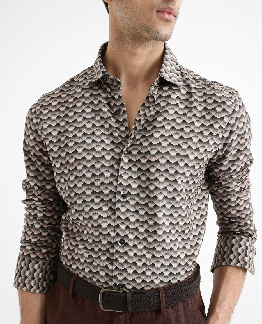 Rare Rabbit Men's Monar Ls Beige Viscose Geometric Print Regular Fit Full Sleeve Collared Shirt