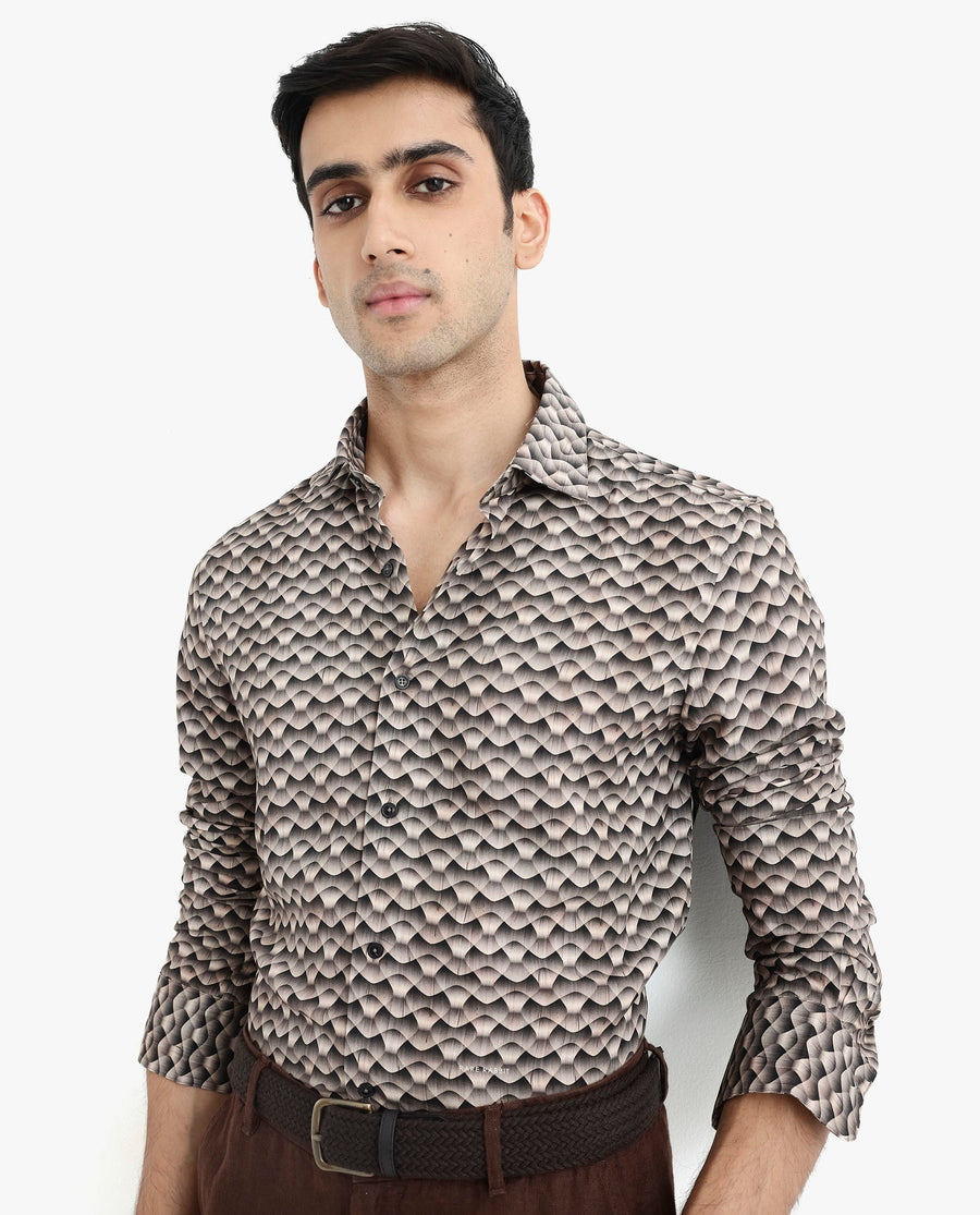 Rare Rabbit Men's Monar Ls Beige Viscose Geometric Print Regular Fit Full Sleeve Collared Shirt
