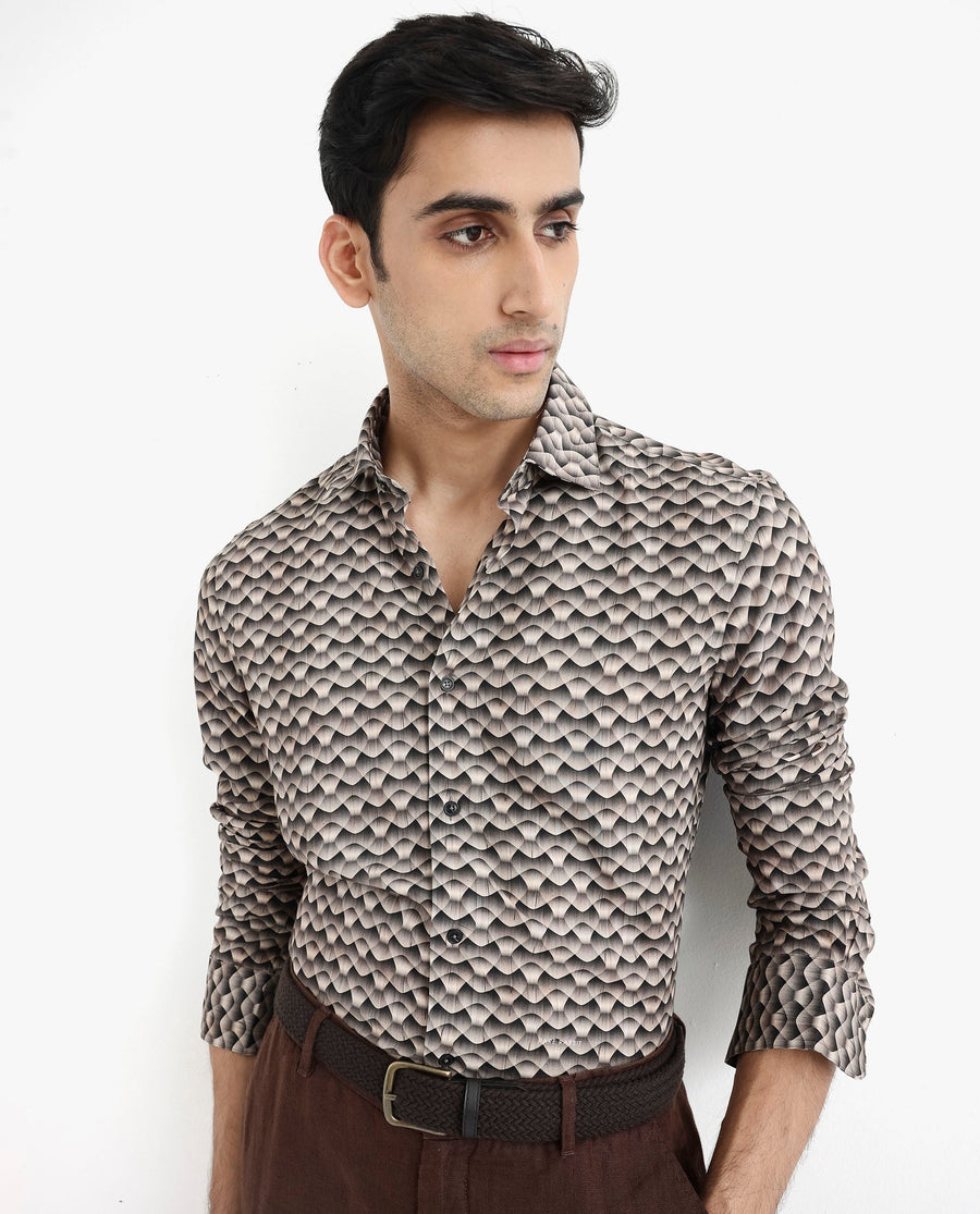 Rare Rabbit Men's Monar Ls Beige Viscose Geometric Print Regular Fit Full Sleeve Collared Shirt