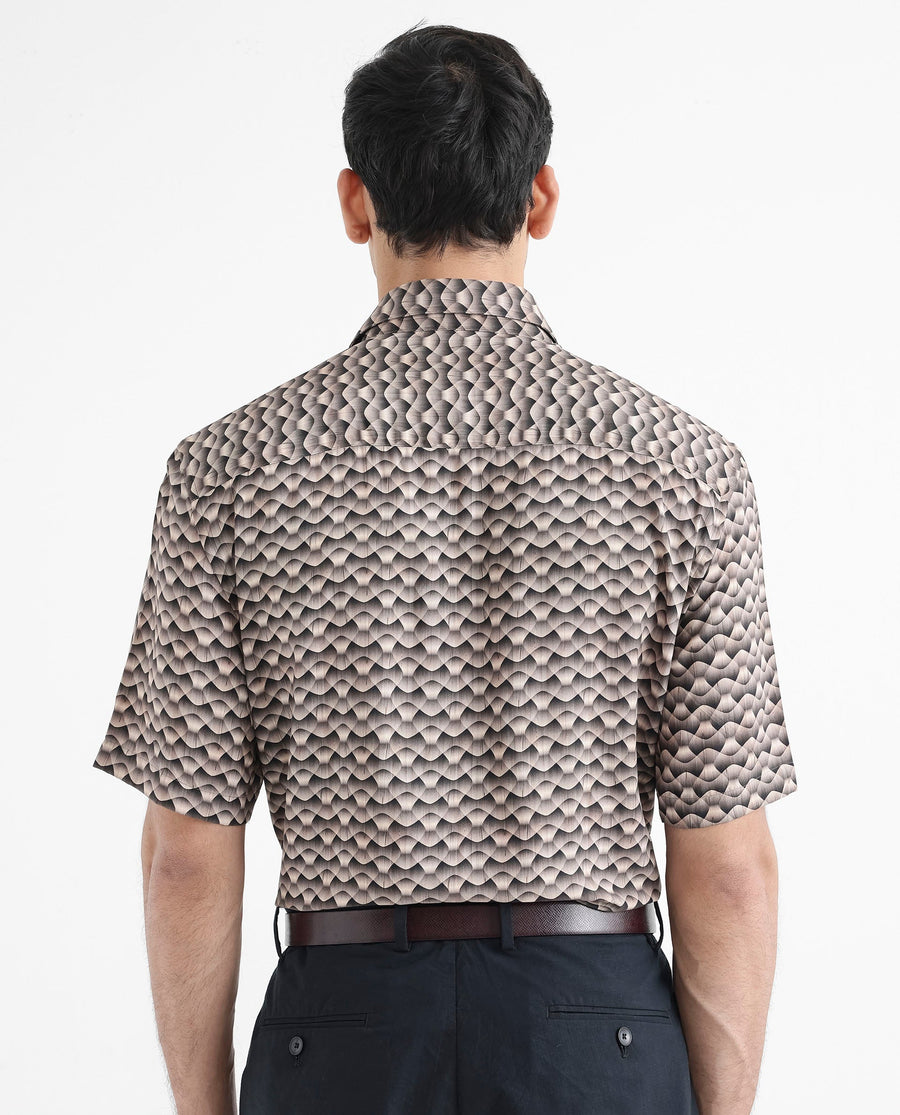 Rare Rabbit Men's Monar Ss Beige Viscose Geometric Print Boxy Fit Half Sleeve Collared Shirt
